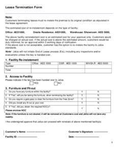 Lease Termination Form Note: Customers terminating leases must re-instate the premise to its original condition as stipulated in the lease agreement. The estimated cost of re-instatement depends on the type of facility; 