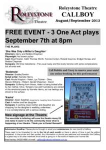 Roleystone Theatre  CALLBOY August/SeptemberFREE EVENT - 3 One Act plays