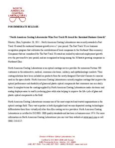 FOR IMMEDIATE RELEASE:  “North American Coating Laboratories Wins Fast Track 50 Award for Sustained Business Growth” Mentor, Ohio, September 28, [removed]North American Coating Laboratories was recently awarded a Fast 