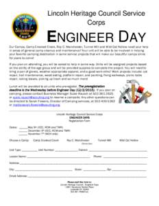 Lincoln Heritage Council Service Corps ENGINEER DAY  Our Camps, Camp Crooked Creek, Roy C. Manchester, Tunnel Mill and Wild Cat Hollow need your help