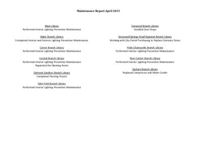 Maintenance Report April[removed]Main Library Performed Interior Lighting Preventive Maintenance  Fairwood Branch Library