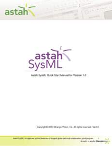 Astah SysML Quick Start Manual for Version 1.0  Copyright© 2013 Change Vision, Inc. All rights reserved. Ver1.0 Astah SysML is supported by the Measures to support global technical collaboration grant program.