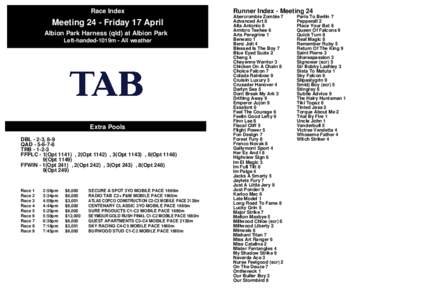 Race Index  Meeting 24 - Friday 17 April Albion Park Harness (qld) at Albion Park Left-handed-1019m - All weather