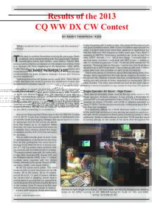 Results of the 2013 CQ WW DX CW Contest BY RANDY THOMPSON,* K5ZD “What a wonderful time I spent in front of my radio this weekend.” —PP1CZ