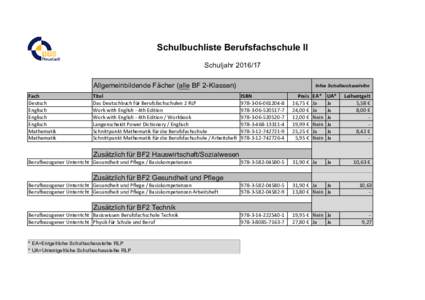 Schulbuchliste Berufsfachschule II SchuljahrAllgemeinbildende Fächer (alle BF 2-Klassen) Fach Deutsch Englisch