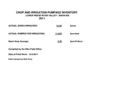CROP AND IRRIGATION PUMPAGE INVENTORY LOWER REESE RIVER VALLEY - BASINACTUAL ACRES IRRIGATED: