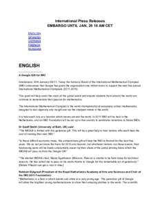 International Press Releases EMBARGO UNTIL JAN, 20 10 AM CET ENGLISH SPANISH GERMAN FRENCH