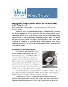 Ideal Standard SimplyU ceramics granted Red Dot Design Award and iF Design Award Celebrated SimplyU collection offers a new unique dimension in personalised