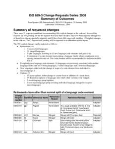 ISO[removed]Change Requests Series 2008 Summary of Outcomes Joan Spanne (SIL International), ISO[removed]Registrar, 20 January 2009 Addendum 19 February, 2009  Summary of requested changes