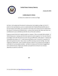 United States Embassy Niamey January 20, 2015 COMMUNIQUÉ DE PRESSE Les États-Unis condamnent la violence au Niger