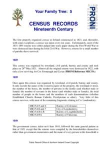 Your Family Tree: 5  CENSUS RECORDS Nineteenth Century The first properly organised census in Ireland commenced in 1821, and, thereafter, with some exceptions, a census was taken every ten years. Unfortunately, most of t