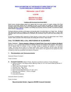 REGULAR MEETING OF THE BOARD OF DIRECTORS OF THE FLORIN RESOURCE CONSERVATION DISTRICT Wednesday, June 27, 2012 6:30 PM 8820 Elk Grove Blvd. Elk Grove, CA 95624