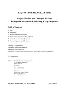 REQUEST FOR PROPOSALS (RFP) Project Monitor and Oversight Services Biological Containment Laboratory, Kyrgyz Republic Table of Contents A. Title B. Introduction