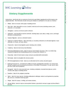 Instructions: Use this job aid as a resource of commonly used dietary supplements and the reasons why people take them. This information should not be given directly to a participant or be used as a handout. Alfalfa - ta