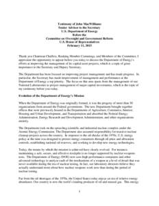 Testimony of John MacWilliams Senior Advisor to the Secretary U.S. Department of Energy Before the Committee on Oversight and Government Reform U.S. House of Representatives