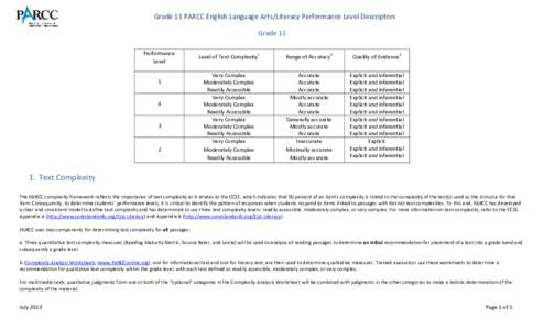 Grade 11 PARCC English Language Arts/Literacy Performance Level Descriptors Grade 11 Performance Level 5