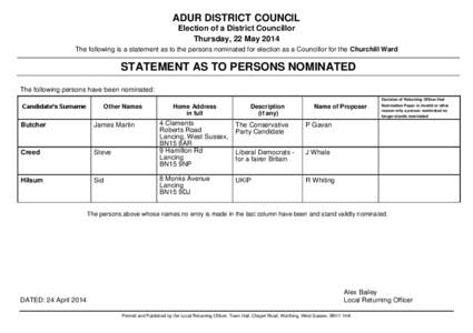 ADUR DISTRICT COUNCIL Election of a District Councillor Thursday, 22 May 2014 The following is a statement as to the persons nominated for election as a Councillor for the Churchill Ward  STATEMENT AS TO PERSONS NOMINATE