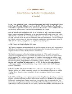 Pope Benedict XVI / Ecclesia Dei / Pontifical Commission Ecclesia Dei / Chinese Patriotic Catholic Association / Christianity in China / Pope / Catholic / Second Vatican Council / Summorum Pontificum / Christianity / Roman Curia / Catholic traditionalism