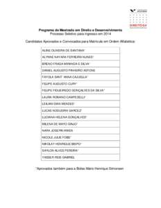 Programa de Mestrado em Direito e Desenvolvimento Processo Seletivo para ingresso em 2014 Candidatos Aprovados e Convocados para Matrícula em Ordem Alfabética: ALINE OLIVEIRA DE SANTANA* ALYNNE NAYARA FERREIRA NUNES* B