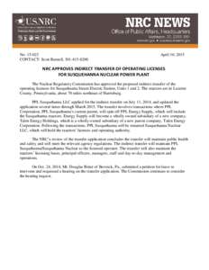 No: CONTACT: Scott Burnell, April 10, 2015  NRC APPROVES INDIRECT TRANSFER OF OPERATING LICENSES