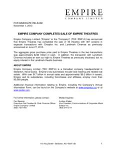 FOR IMMEDIATE RELEASE November 1, 2013