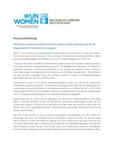 Pressemitteilung UN Women Sonderbotschafterin Nicole Kidman nimmt Auszeichnung für ihr Engagement für Frauenrechte entgegen Berlin, 12 Juli. UN Women Sonderbotschafterin Nicole Kidman und UN Women Acting Head Lakshmi P