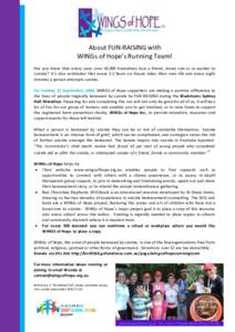 About FUN-RAISING with WINGs of Hope’s Running Team! Did you know that every year, over 50,000 Australians lose a friend, loved one or co-worker to suicide? It’s also estimated that every 3.5 hours an Aussie takes th