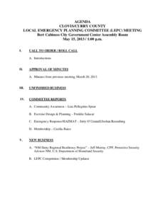 AGENDA CLOVIS/CURRY COUNTY LOCAL EMERGENCY PLANNING COMMITTEE (LEPC) MEETING Bert Cabiness City Government Center Assembly Room May 15, [removed]:00 p.m. I.