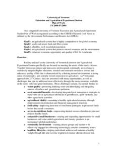 University of Vermont Extension and Agricultural Experiment Station Plan of Work FY2000-FY2004 This integrated University of Vermont Extension and Agricultural Experiment Station Plan of Work is organized according to th