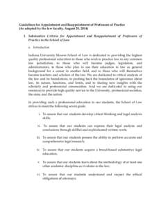 Guidelines for Appointment and Reappointment of Professors of Practice (As adopted by the law faculty, August 29, [removed]Substantive Criteria for Appointment and Reappointment of Professors of Practice in the School of