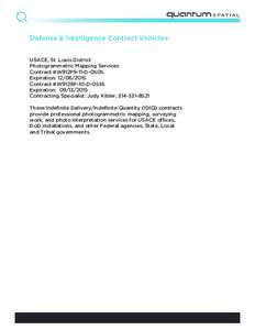 Defense & Intelligence Contract Vehicles: USACE, St. Louis District Photogrammetric Mapping Services Contract #W912P9-11-D-0505 Expiration: Contract #W9129P-10-D-0535