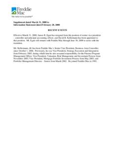 Information Statement Supplement, Resignation of James R. Egan and Appointment of  David B. Kellermann to SVP – Controller and Principal Accounting Officer, March[removed]Freddie Mac