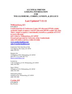 ALUMNI & FRIENDS LODGING INFORMATION FOR WILLIAMSBURG, CORBIN, LONDON, & JELLICO  Last Updated[removed]