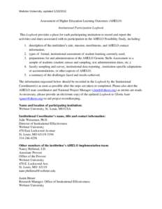 Webster University, updated[removed]Assessment of Higher Education Learning Outcomes (AHELO) Institutional Participation Logbook This Logbook provides a place for each participating institution to record and report th