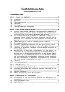 The UK Anti-Doping Rules (Version 1.0, dated 1 JanuaryTable of Contents Article 1: Scope and Application ............................................................. 1 1.1