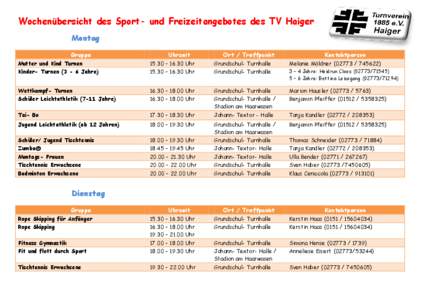 Wochenübersicht des Sport- und Freizeitangebotes des TV Haiger Montag Gruppe