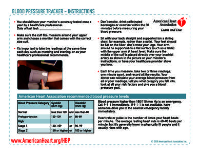 BLOOD PRESSURE TRACKER - INSTRUCTIONS  www.AmericanHeart.org/HBP © 2008 American Heart Association, Inc.