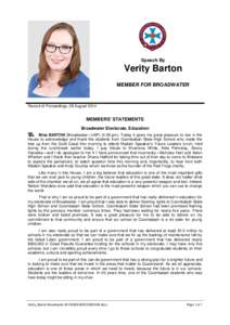 Speech By  Verity Barton MEMBER FOR BROADWATER  Record of Proceedings, 28 August 2014
