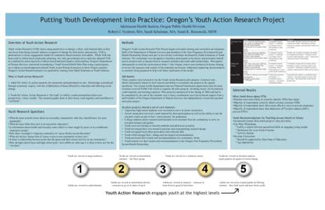 Putting Youth Development into Practice: Oregon’s Youth Action Research Project Adolescent Health Section, Oregon Public Health Division Robert J. Nystrom, MA; Sarah Schulman, MA; Sarah K. Ramowski, MSW Deschutes Count