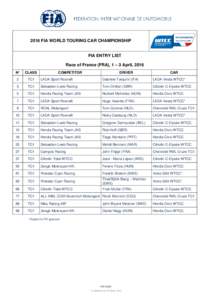 2016 FIA WORLD TOURING CAR CHAMPIONSHIP  FIA ENTRY LIST Race of France (FRA), 1 – 3 April, 2016 N°