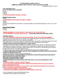 ACTON AGRICULTURAL SOCIETY LAWN and GARDEN TRACTOR PULL RULES and REGULATIONS As updated at March 8, 2013 Lawn and Garden Tractor 650 lbs, (for drivers 15 yrs and under) 800 lbs,