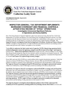 NEWS RELEASE From New York State Inspector General Catherine Leahy Scott FOR IMMEDIATE RELEASE: May 20, 2013 Contact: ([removed]