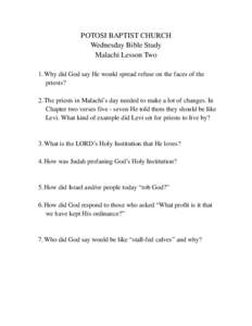 POTOSI BAPTIST CHURCH Wednesday Bible Study Malachi Lesson Two