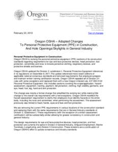February 22, 2013  Text of changes Oregon OSHA – Adopted Changes To Personal Protective Equipment (PPE) in Construction,