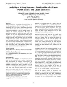 CHI 2007 Proceedings • Politics & Activism  April 28-May 3, 2007 • San Jose, CA, USA Usability of Voting Systems: Baseline Data for Paper, Punch Cards, and Lever Machines