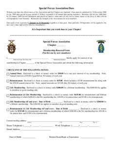 Special Forces Association Dues Without your dues the effectiveness of the Association and the Chapters are impaired. Dues must be submitted by 31 December 2008 for the 2009 dues period (a grace period of 30 days is gran