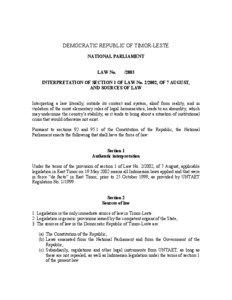 DEMOCRATIC REPUBLIC OF TIMOR-LESTE NATIONAL PARLIAMENT LAW No.