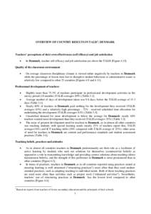OVERVIEW OF COUNTRY RESULTS IN TALIS1: DENMARK  Teachers’ perceptions of their own effectiveness (self efficacy) and job satisfaction   In Denmark, teacher self-efficacy and job satisfaction are above the TALIS [Fig
