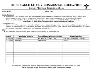 ROCK EAGLE 4-H ENVIRONMENTAL EDUCATION DIETARY / PHYSICAL RESTRICTIONS FORM School Name: ____________________________________________ Date of Visit: ____________________________________________ Dietary Restrictions  W