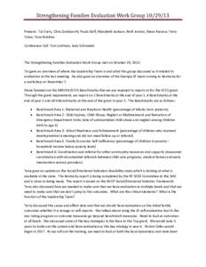 Strengthening Families Evaluation Work Group[removed]Present: Tal Curry, Chris Duckworth, Paula Goff, Marybeth Jackson, Beth Jordan, Diana Koonce, Terry Tolan, Tena Robbins Conference Call: Tom Lottman, Judy Schroeder  